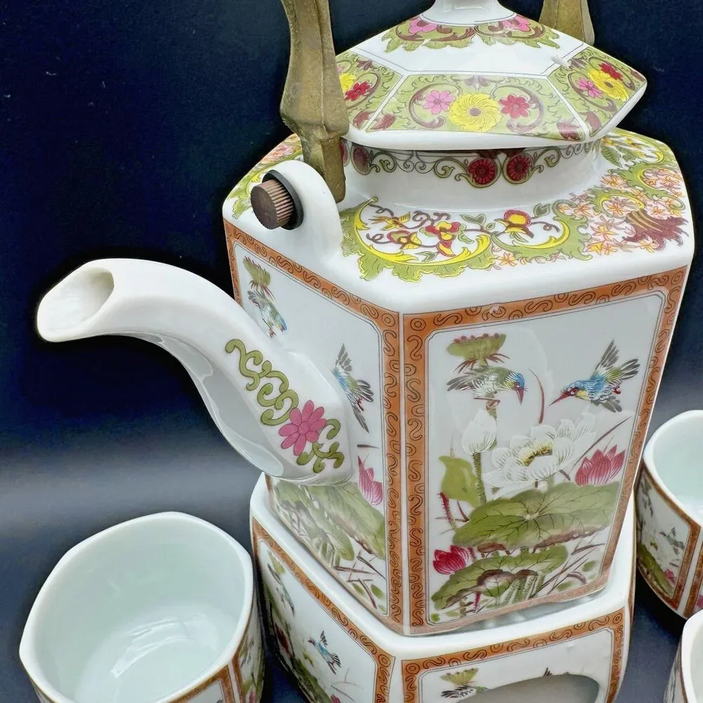 Toyo Ming Lotus Japan Porcelain Tea Warmer Set Teapot 6 Cups Hexagon Chinoiserie